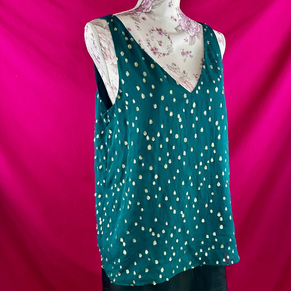 Lilly Pulitzer Silk Tank Top Gold Metallic‎ Dot Green Sleeveless V Neck Size M - Picture 13 of 17